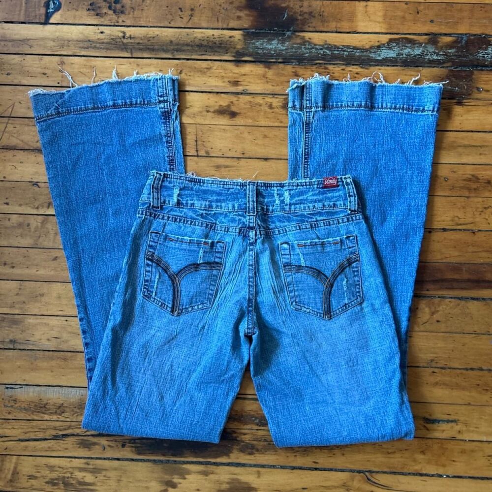 Vintage Y2K Vanity Distressed Flare Jeans Raw Hem Medium Wash 27x35
